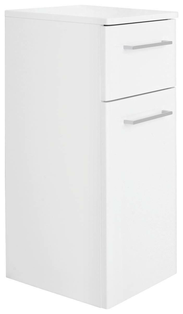 Weißer Unterschrank mit zwei Schubladen, seitliche Perspektive