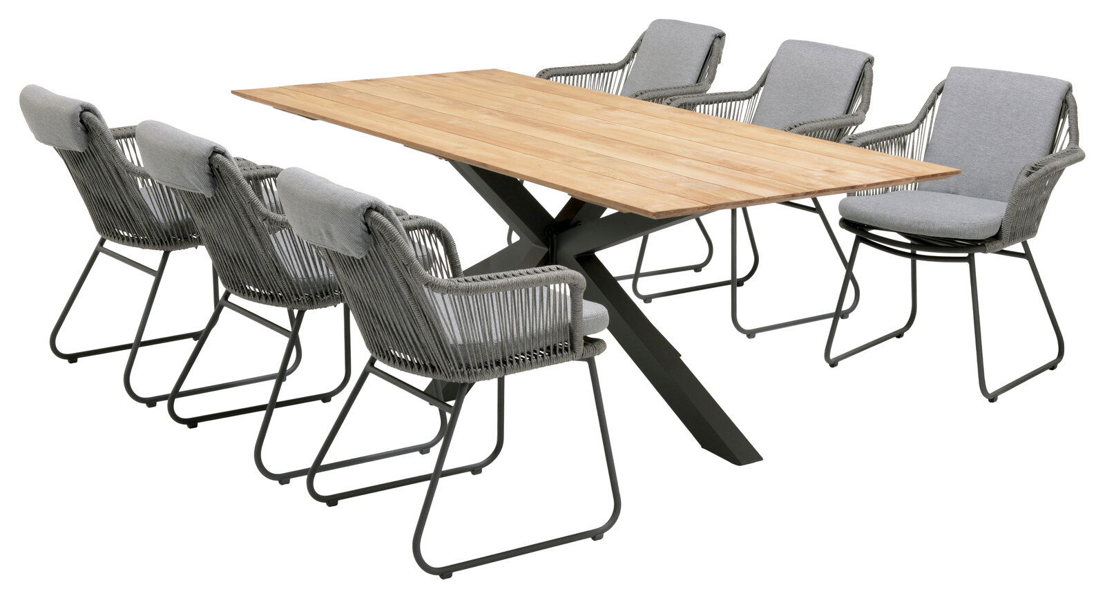 Gartentisch mit Holzplatte und sechs grauen Stühlen, seitliche Perspektive
