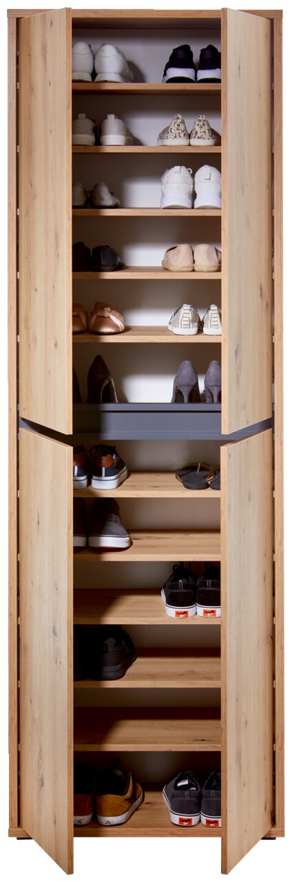 XXL-Schuh- und Mehrzweckschrank aus Holz mit offenen Türen, gefüllt mit verschiedenen Schuhen, frontal betrachtet.