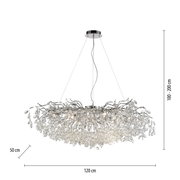 Moderner Kronleuchter RICICLE mit funkelnden Kristallen, seitliche Perspektive, Durchmesser 120 cm, Höhe 50 cm, verstellbare Aufhängung 100-200 cm.