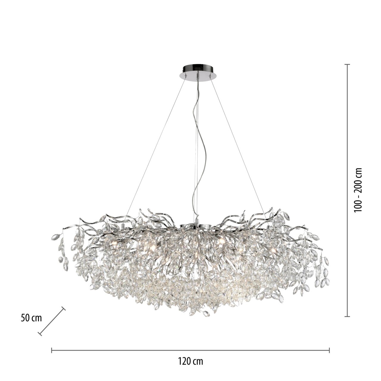 Moderner Kronleuchter RICICLE mit funkelnden Kristallen, seitliche Perspektive, Durchmesser 120 cm, Höhe 50 cm, verstellbare Aufhängung 100-200 cm.