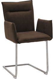 Brauner Freischwinger-Sessel mit Armlehnen und Metallgestell, seitliche Perspektive