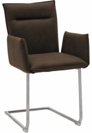 Brauner Freischwinger-Sessel mit Armlehnen und Metallgestell, seitliche Perspektive