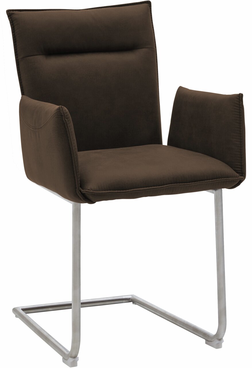 Brauner Freischwinger-Sessel mit Armlehnen und Metallgestell, seitliche Perspektive