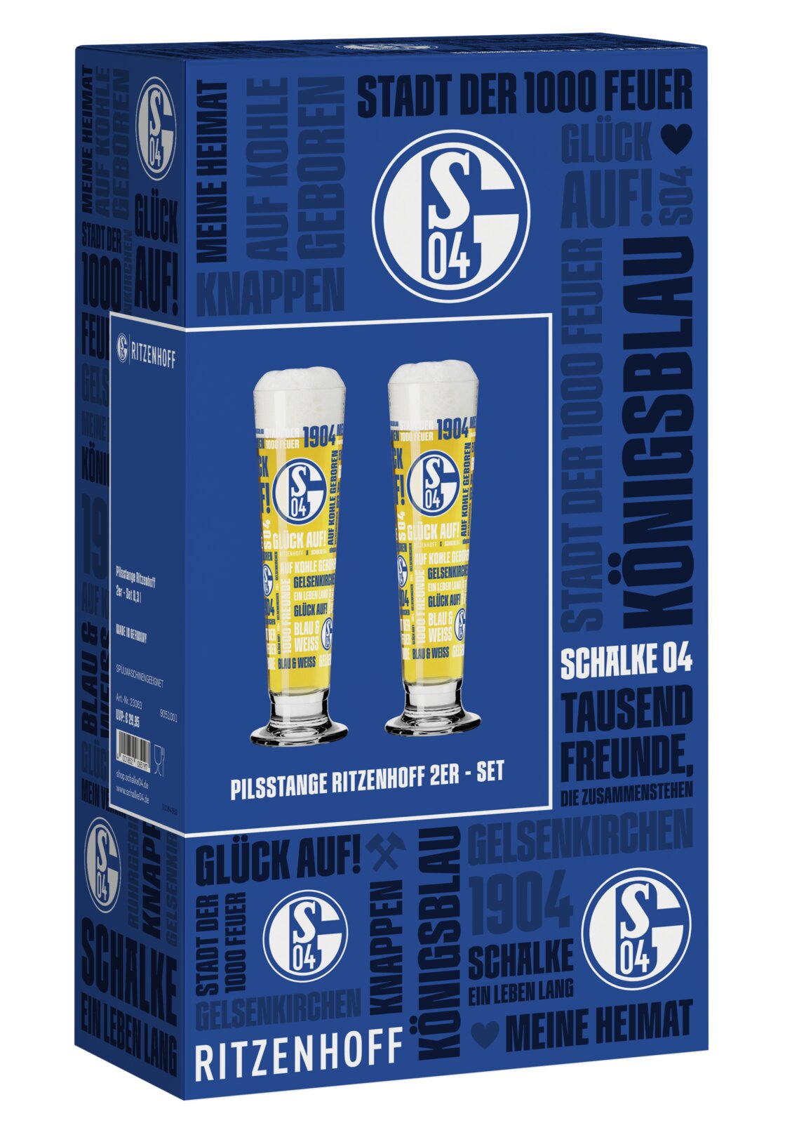 Blau gestaltete Ritzenhoff-Verpackung eines FC-Schalke-04-Pilstangen-Sets mit zwei gelb-blau bedruckten Gläsern, aus schräger Vorderansicht mit sichtbarer linker Seite.