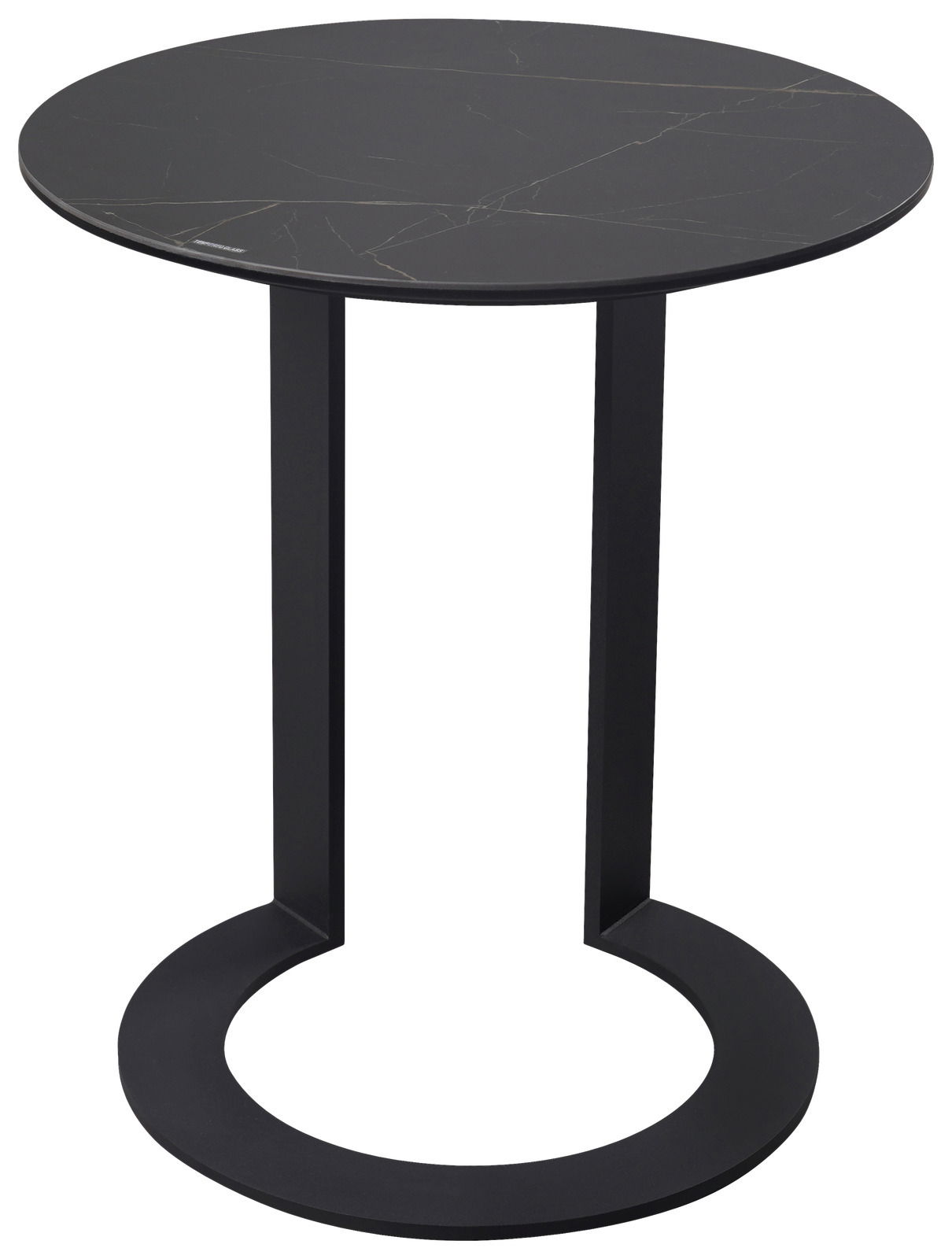 Moderner schwarzer Beistelltisch mit runder Tischplatte und einzigartigem U-förmigem Gestell, seitliche Perspektive