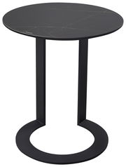 Moderner schwarzer Beistelltisch mit runder Tischplatte und einzigartigem U-förmigem Gestell, seitliche Perspektive