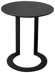 Moderner schwarzer Beistelltisch mit runder Tischplatte und einzigartigem U-förmigem Gestell, seitliche Perspektive