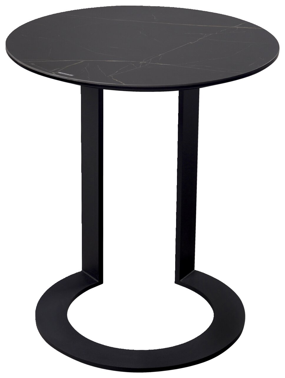 Moderner schwarzer Beistelltisch mit runder Tischplatte und einzigartigem U-förmigem Gestell, seitliche Perspektive