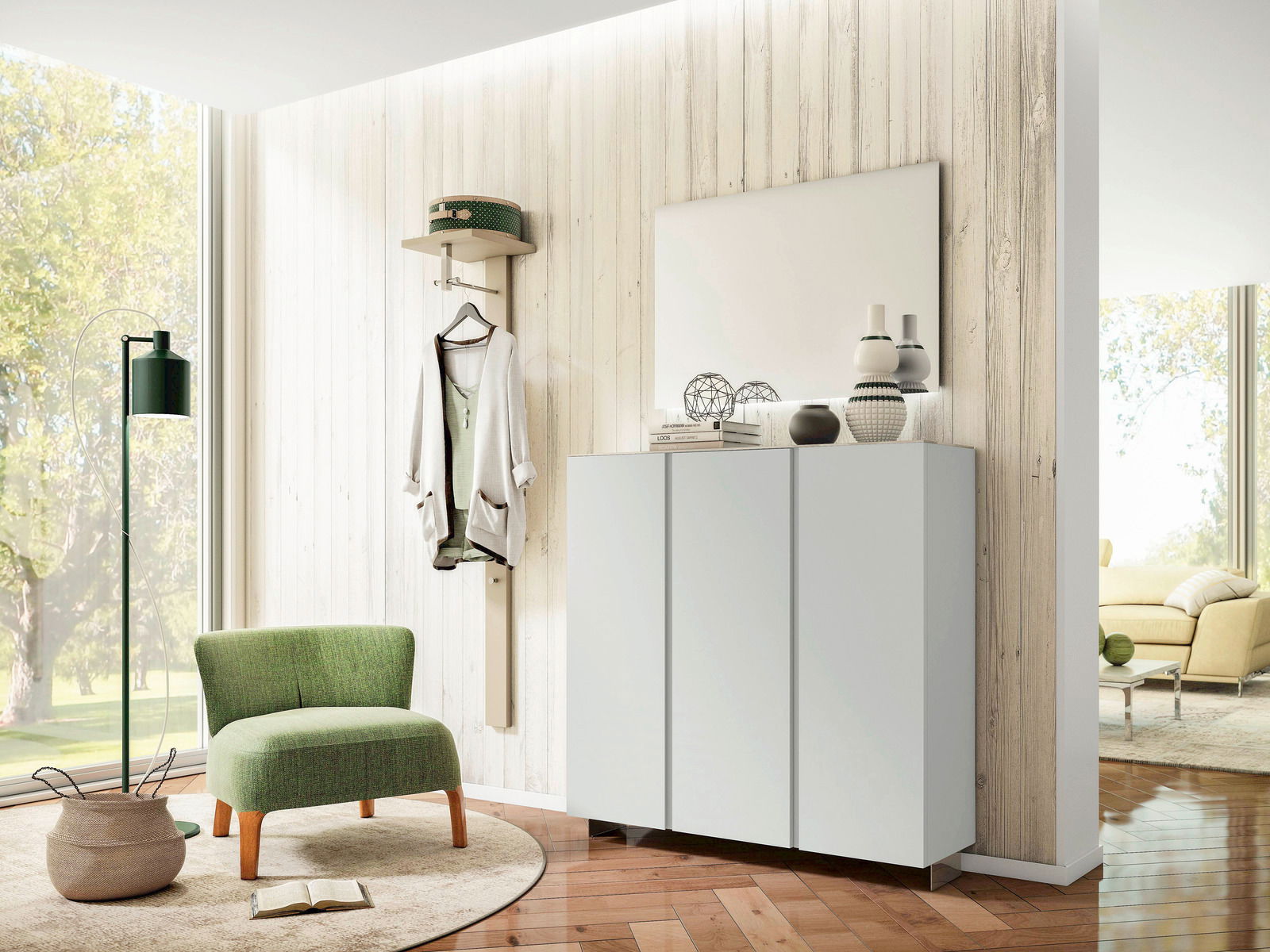 Moderano Garderobe LECCO Moderner Eingangsbereich mit einem weißen Hängeschuhschrank, einem Spiegel und einer Garderobe. Perspektive: Frontalansicht.