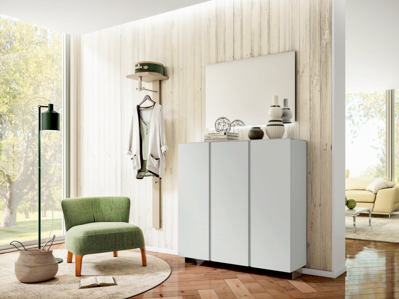 Moderano Garderobe LECCO Moderner Eingangsbereich mit einem weißen Hängeschuhschrank, einem Spiegel und einer Garderobe. Perspektive: Frontalansicht.