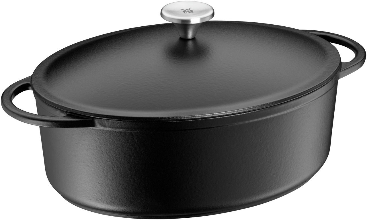WMF Bräter PLATINUM Schwarzer Bräter mit Gussdeckel, seitliche Perspektive