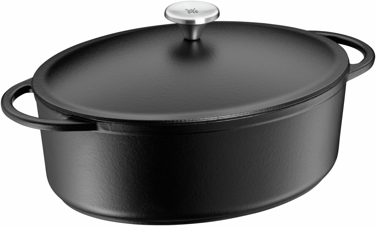 Schwarzer Bräter mit Gussdeckel, seitliche Perspektive