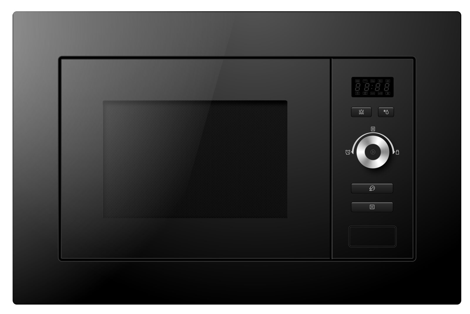 Moderne schwarze Einbau-Mikrowelle mit digitalem Display und Bedienelementen, Frontalansicht