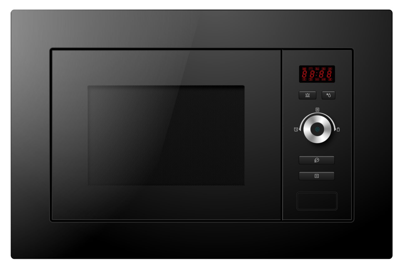 Moderne schwarze Einbau-Mikrowelle mit digitalem Display und Bedienelementen, Frontalansicht