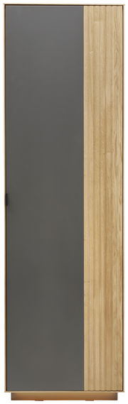 Moderner Garderobenschrank mit einer Kombination aus grauer und holzfarbener Tür, Frontalansicht.