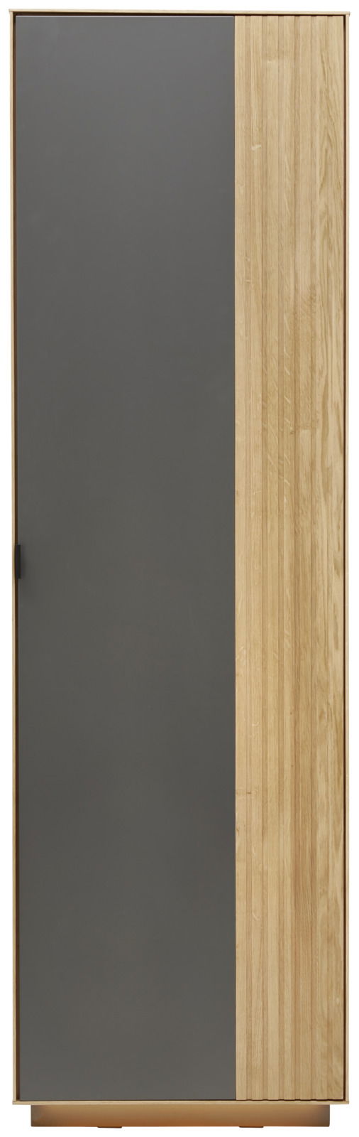 Moderner Garderobenschrank mit einer Kombination aus grauer und holzfarbener Tür, Frontalansicht.