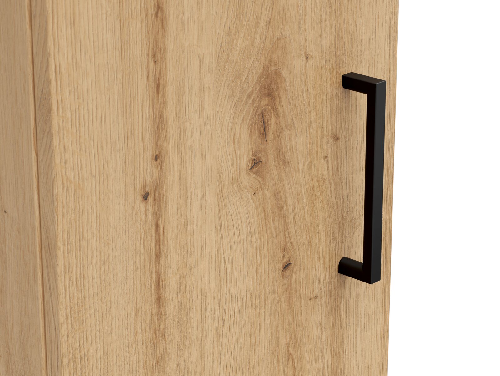 Nahaufnahme eines Mehrzweckschranks mit Holzmaserung und schwarzem Griff, seitliche Perspektive