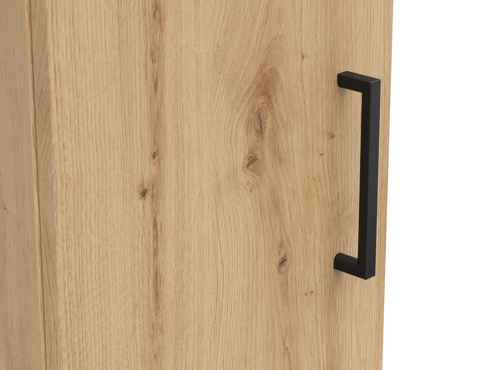 Nahaufnahme eines Mehrzweckschranks mit Holzmaserung und schwarzem Griff, seitliche Perspektive
