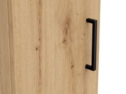 Nahaufnahme eines Mehrzweckschranks mit Holzmaserung und schwarzem Griff, seitliche Perspektive