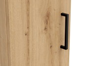 Nahaufnahme eines Mehrzweckschranks mit Holzmaserung und schwarzem Griff, seitliche Perspektive