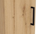 Nahaufnahme eines Mehrzweckschranks mit Holzmaserung und schwarzem Griff, seitliche Perspektive