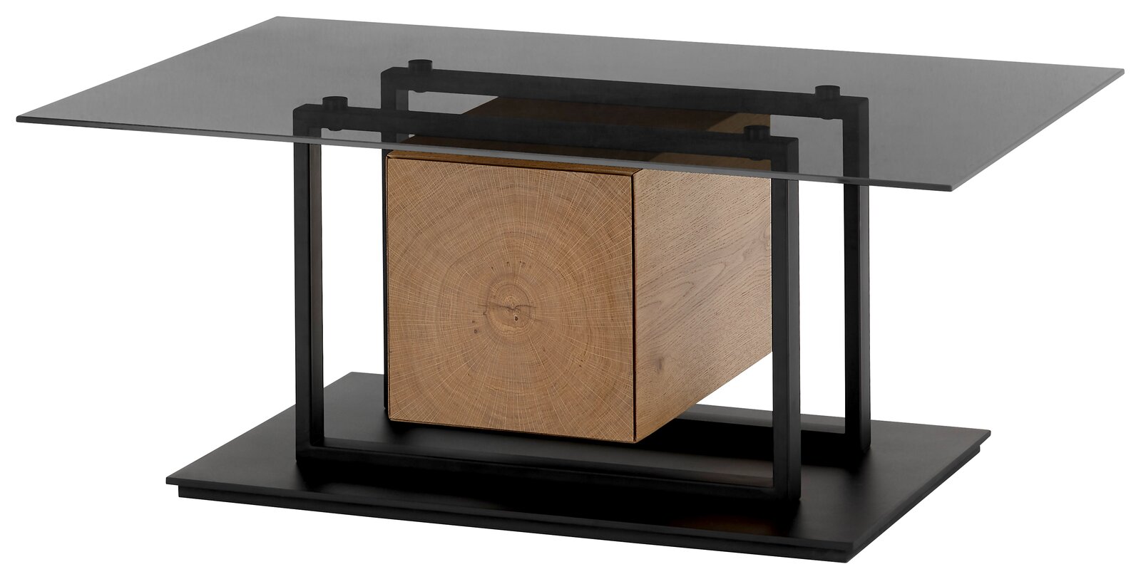 Moderner Couchtisch mit Glasplatte und Holzblock in der Mitte, seitliche Perspektive