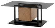 Moderner Couchtisch mit Glasplatte und Holzblock in der Mitte, seitliche Perspektive