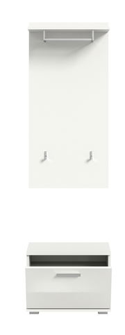 Frontale Ansicht einer weißen Garderobenkombination mit Hakenleiste und Schuhschrank.