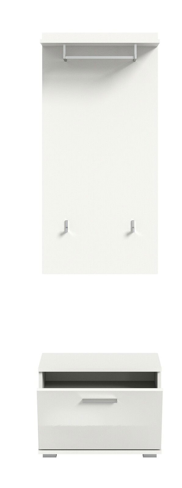 Frontale Ansicht einer weißen Garderobenkombination mit Hakenleiste und Schuhschrank.