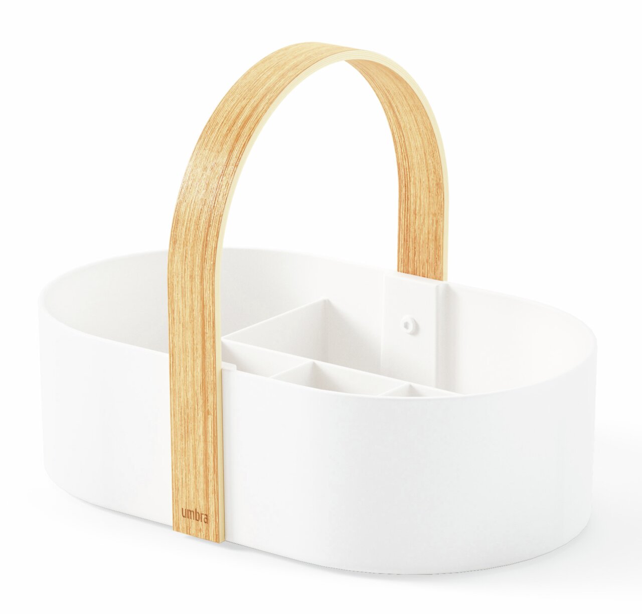 Weißer Caddy mit natürlichem Holzgriff, seitliche Perspektive