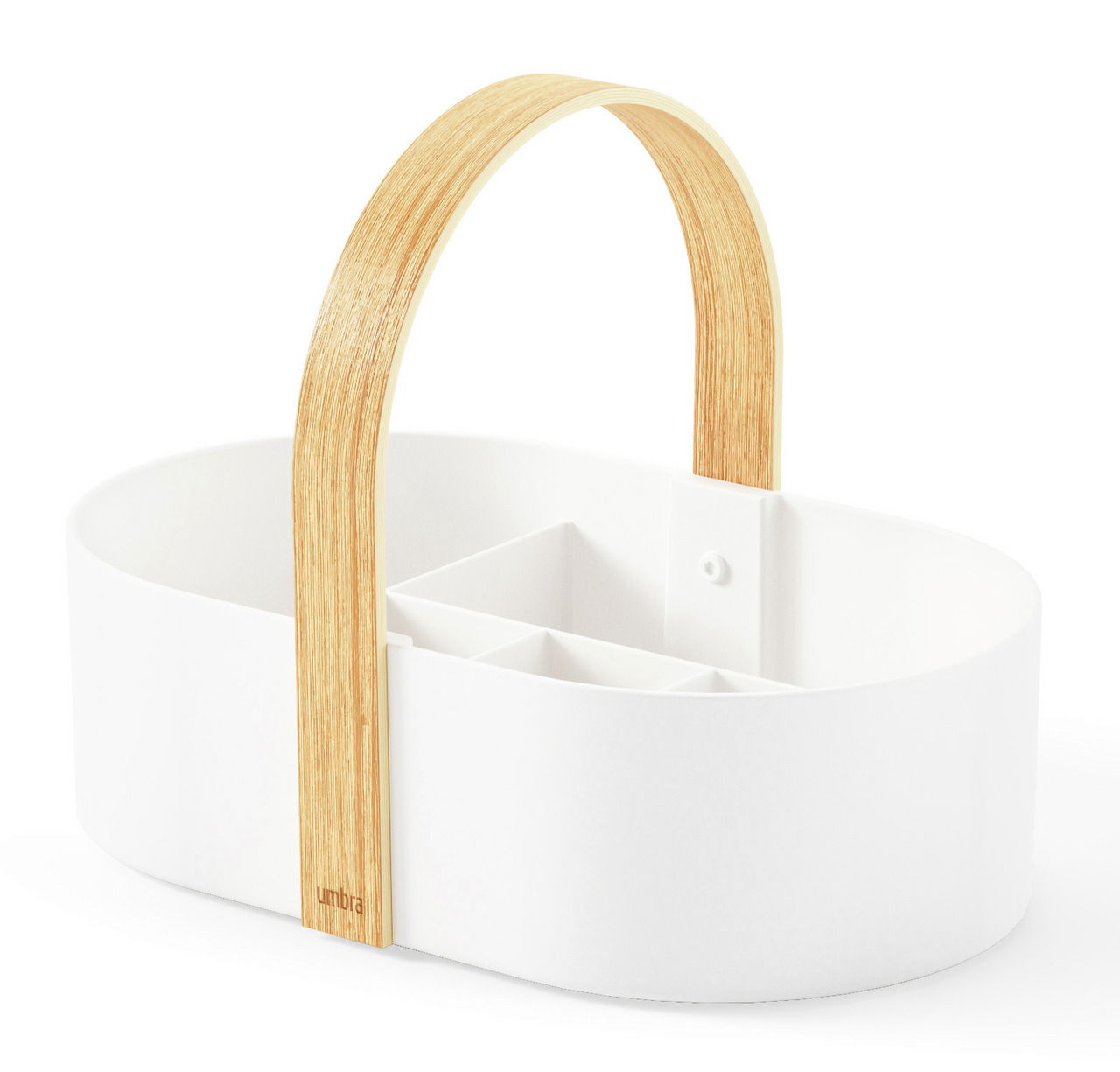 Weißer Caddy mit natürlichem Holzgriff, seitliche Perspektive