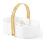 Weißer Caddy mit natürlichem Holzgriff, seitliche Perspektive