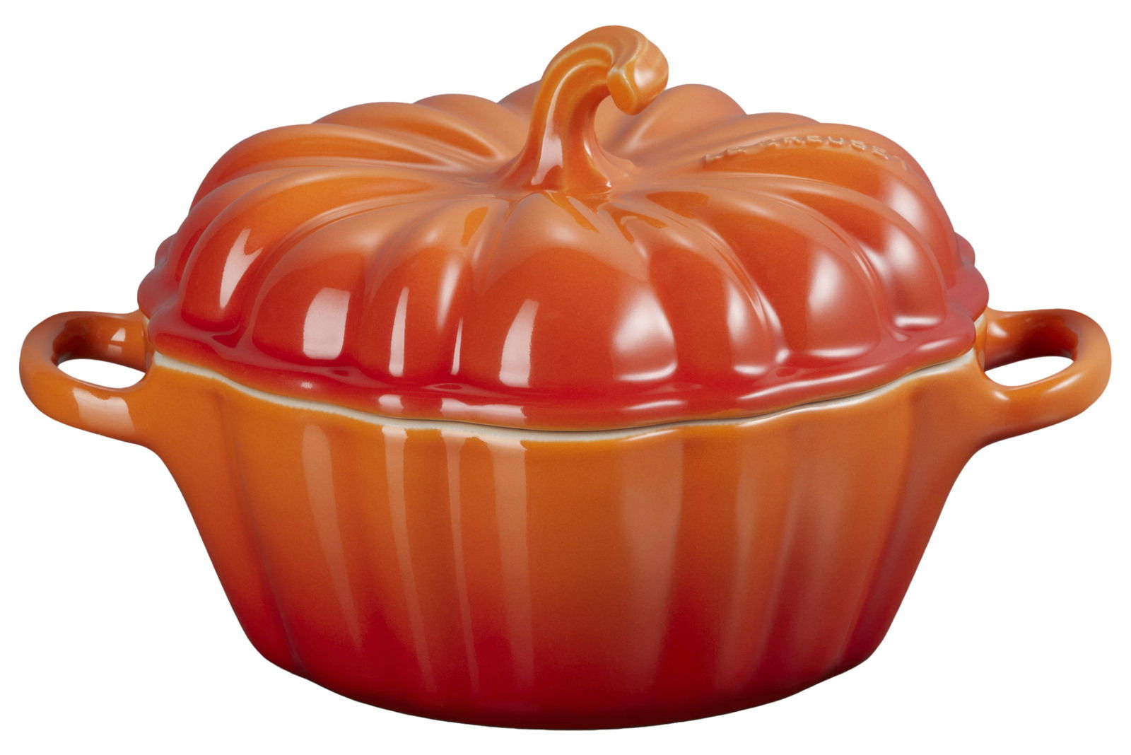 Ofenrote Kürbisförmige Keramikschale mit Deckel und zwei Griffen, seitliche Perspektive