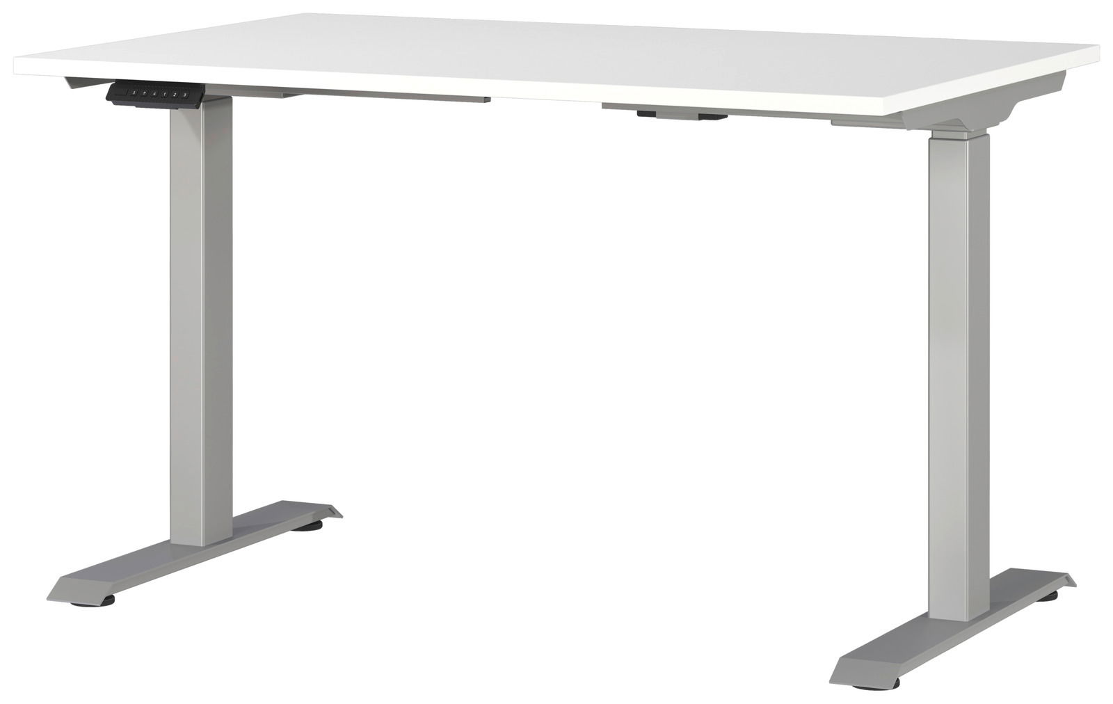 Moderner E-Schreibtisch mit weißer Tischplatte und grauen, höhenverstellbaren Beinen, seitliche Perspektive