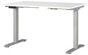 Moderner E-Schreibtisch mit weißer Tischplatte und grauen, höhenverstellbaren Beinen, seitliche Perspektive