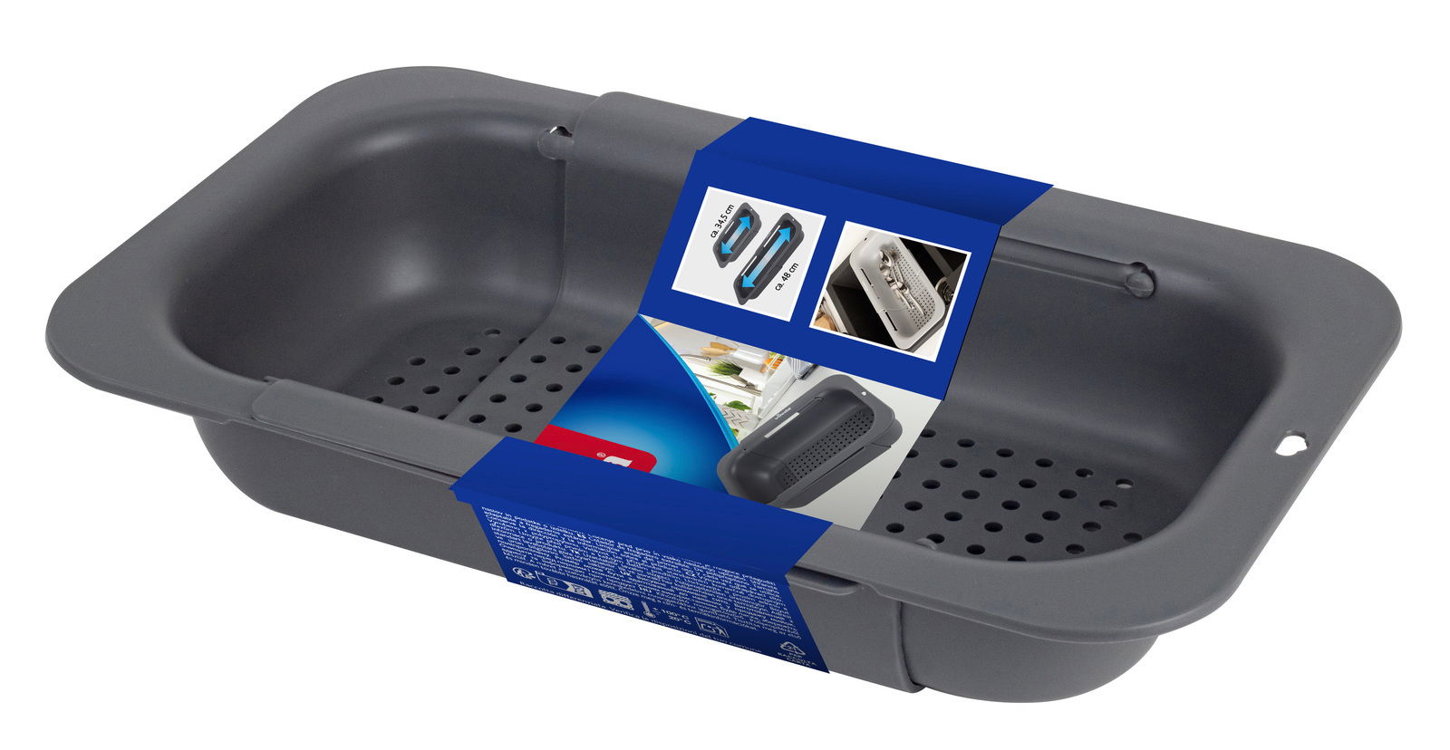 Graues, ausziehbares Abtropfsieb mit Löchern im Boden, seitliche Perspektive