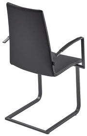 Rückansicht eines modernen schwarzen Sessels mit Metallgestell und Armlehnen.