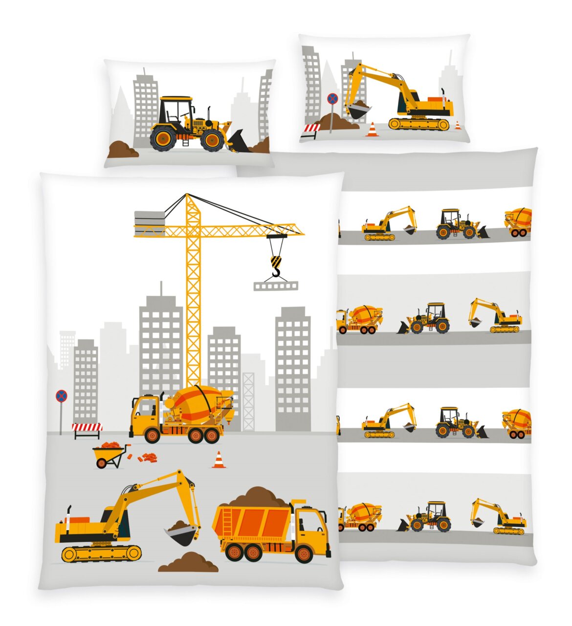 Renforcé-Bettwäsche mit Baustellenmotiv, zeigt Bagger, Kran und Betonmischer vor einer Stadtsilhouette. Perspektive: Frontalansicht.