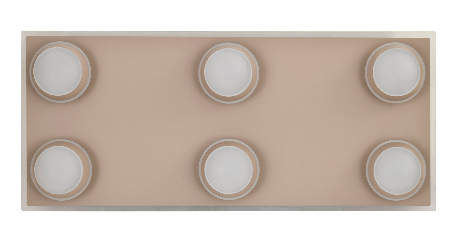 LED-Deckenleuchte mit sechs runden Lichtelementen auf rechteckiger Platte, Ansicht von oben