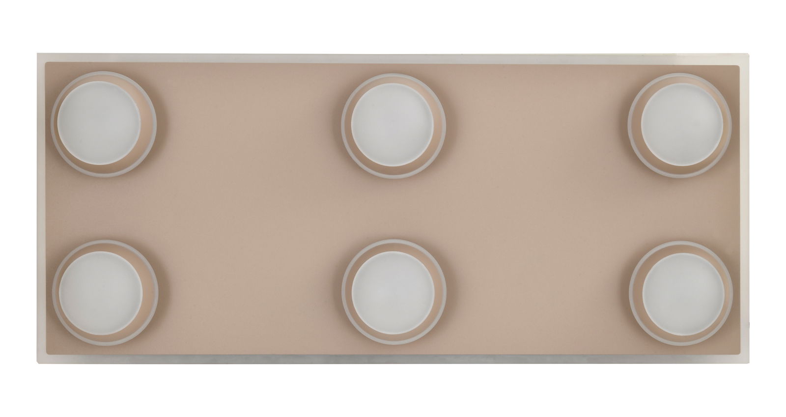 LED-Deckenleuchte mit sechs runden Lichtelementen auf rechteckiger Platte, Ansicht von oben