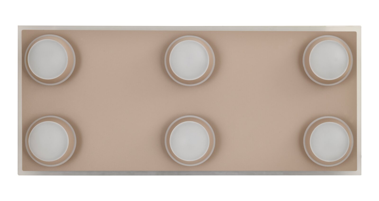 LED-plafondlamp met zes ronde lichtelementen op een rechthoekige plaat, gezien van bovenaf