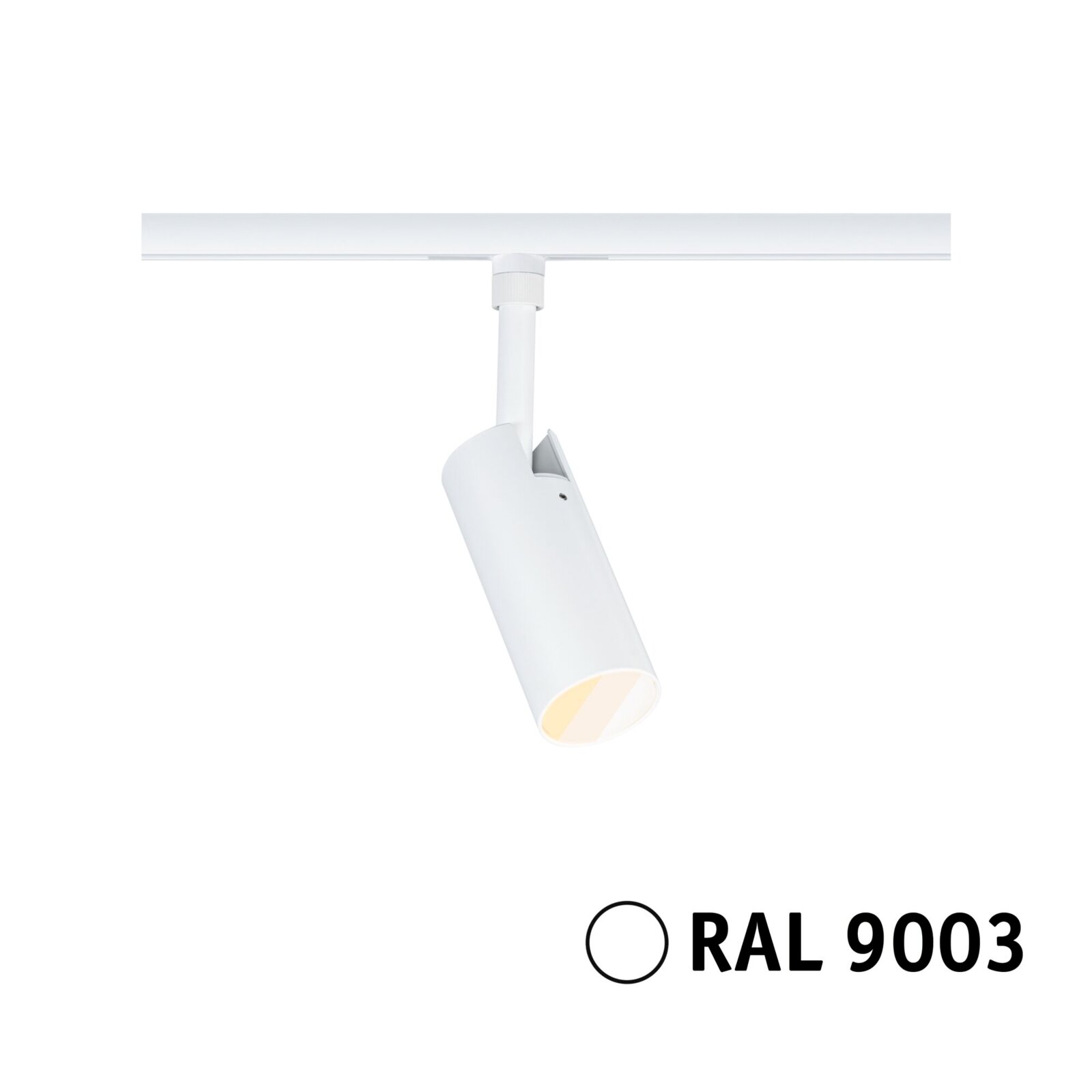 Weißer LED-Schienenstrahler in RAL 9003 an Decken-Stromschiene, schräg von unten im 3/4-Winkel auf weißem Hintergrund