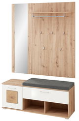 Kompaktgarderobe aus Holz mit Spiegel, Kleiderhaken, Sitzbank und Stauraum, Frontalansicht