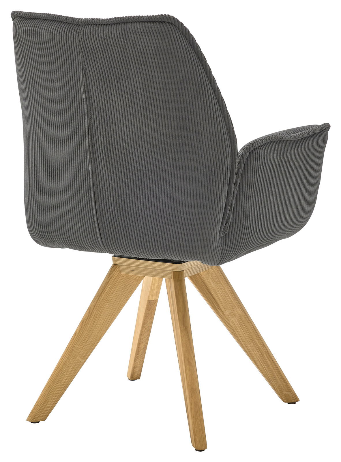 Rückansicht eines grauen Armlehnstuhls mit Holzbeinen, perspektivisch von hinten links aufgenommen.