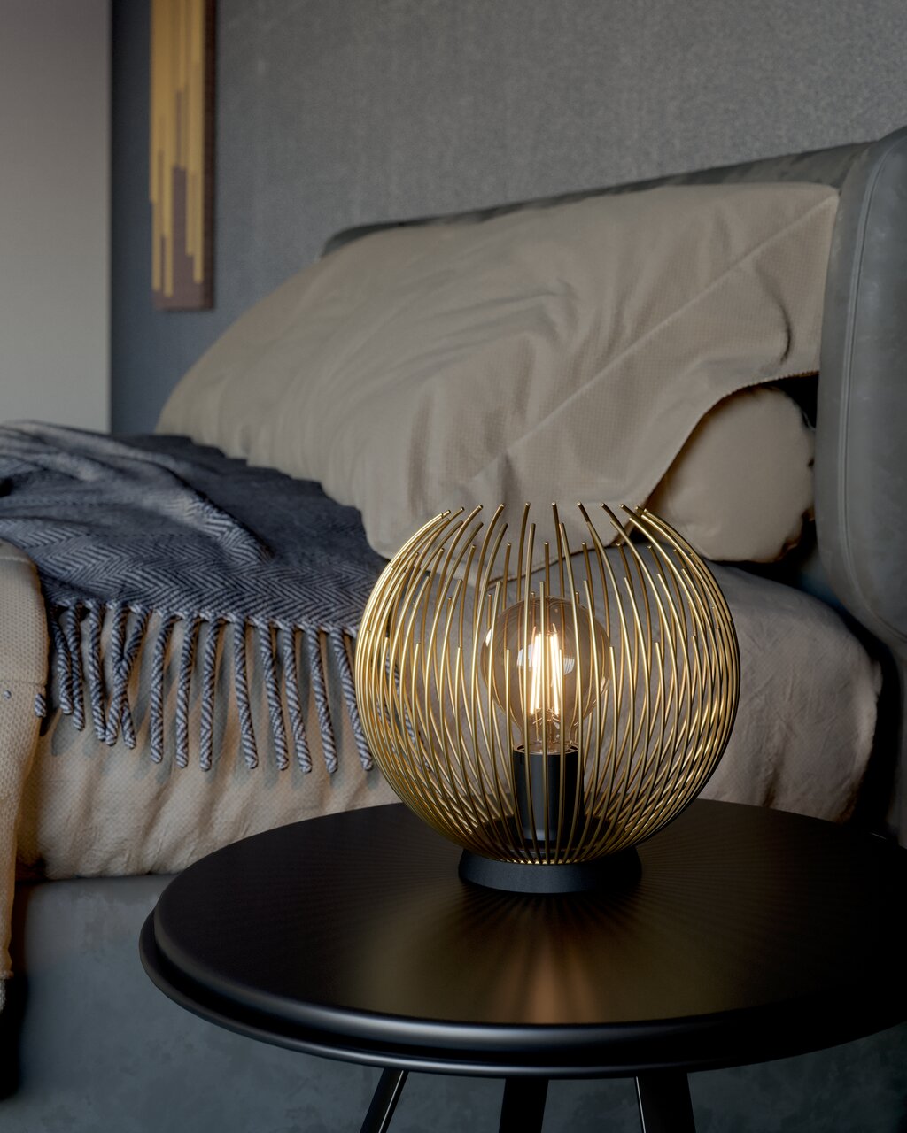 Eglo Leuchten Tischleuchte VENEZUELA Moderne Tischleuchte mit goldfarbenem, kugelförmigem Gitterdesign auf einem Nachttisch, seitliche Perspektive