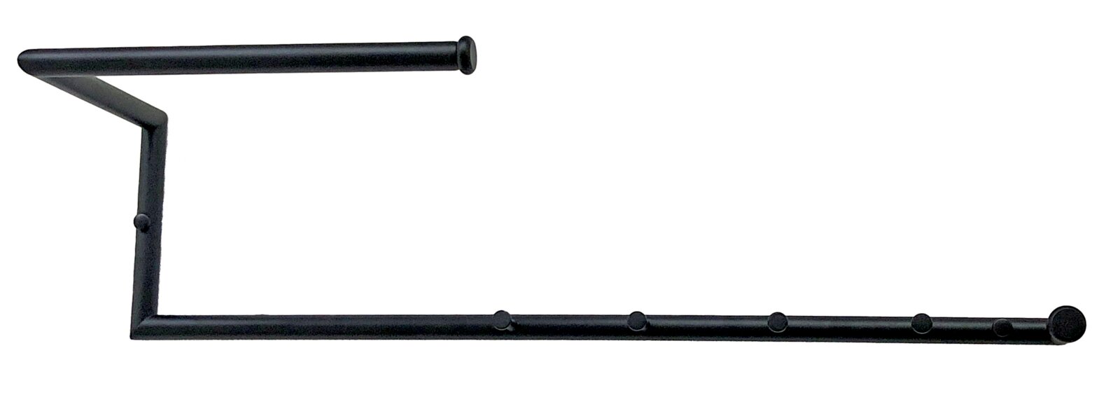 Schwarze Wandgarderobe aus Metall mit mehreren Haken, seitliche Perspektive