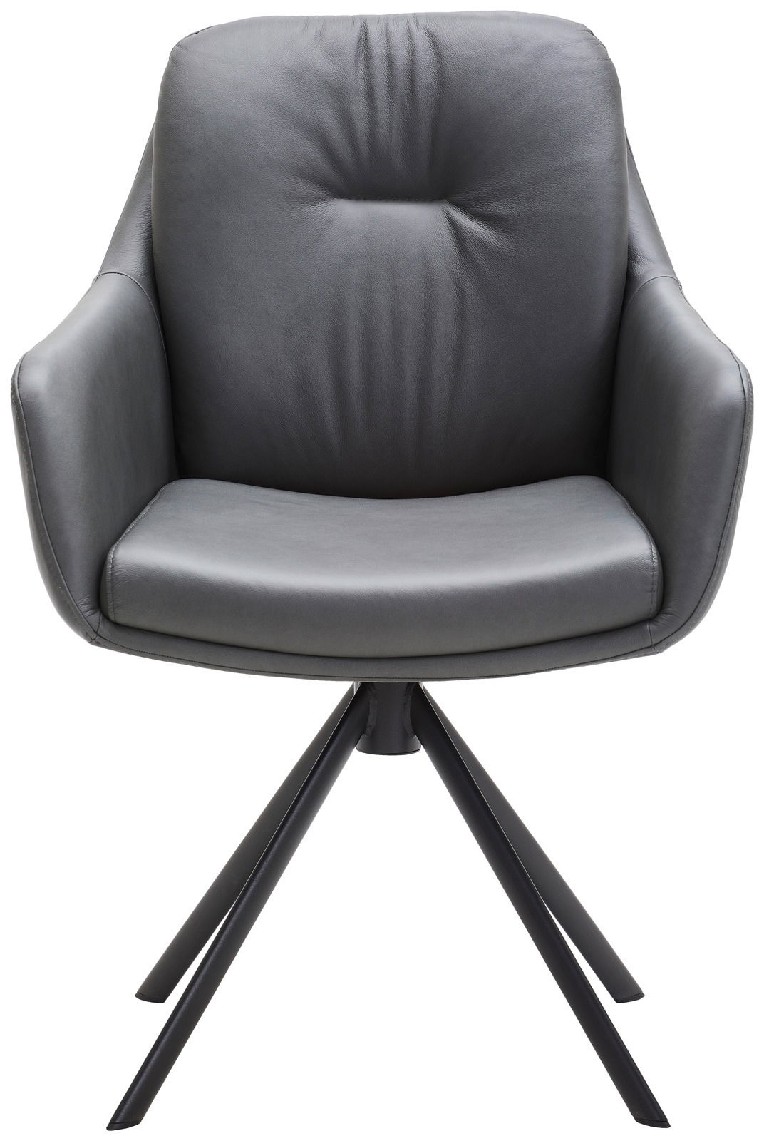 Grauer Armlehnstuhl aus Leder mit modernem Design, Vorderansicht