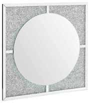 Quadratischer LED-Spiegel mit rundem Spiegel in der Mitte und glitzerndem Rahmen, seitliche Perspektive