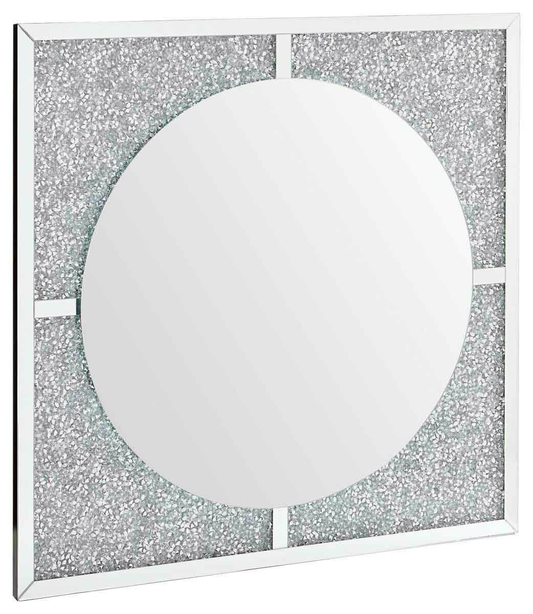 Quadratischer LED-Spiegel mit rundem Spiegel in der Mitte und glitzerndem Rahmen, seitliche Perspektive